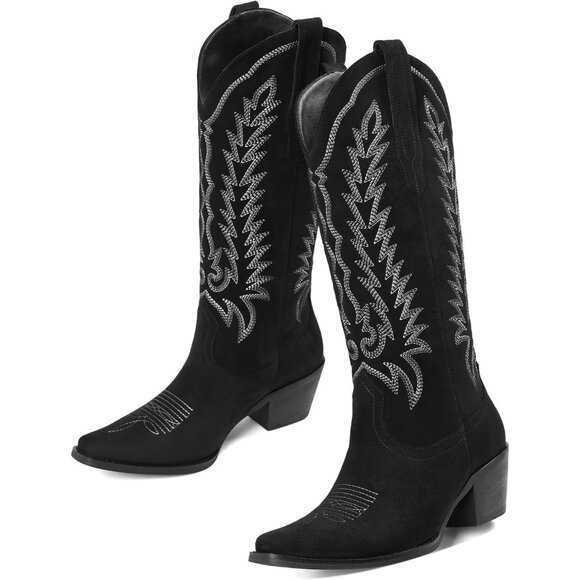 Women's Black Suede Western Knee High Pointed Toe Chunky Heel Cowgirl Tall Boots - Picture 6 of 6